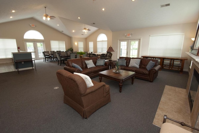 102 Academy Dr, Wilmore, KY 40390 - carpeted living room featuring ceiling fan, lofted ceiling, healthy amount of natural light, a fireplace with flush hearth, and recessed lighting