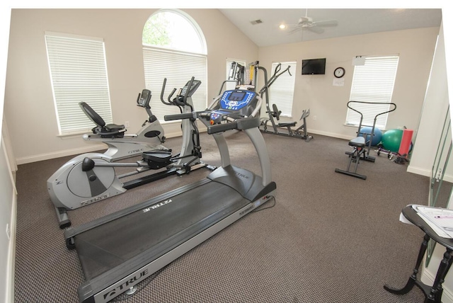 102 Academy Dr, Wilmore, KY 40390 - workout area with baseboards, vaulted ceiling, and ceiling fan