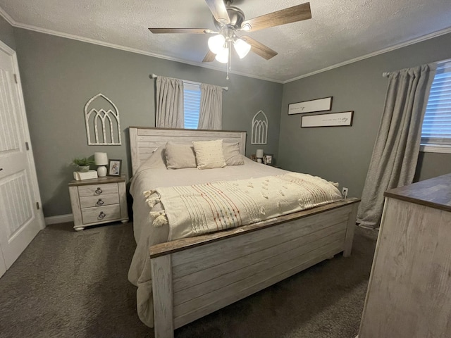 310 Yorktown Dr, Paris, KY 40361 - bedroom with dark carpet, a textured ceiling, ornamental molding, multiple windows, and a ceiling fan