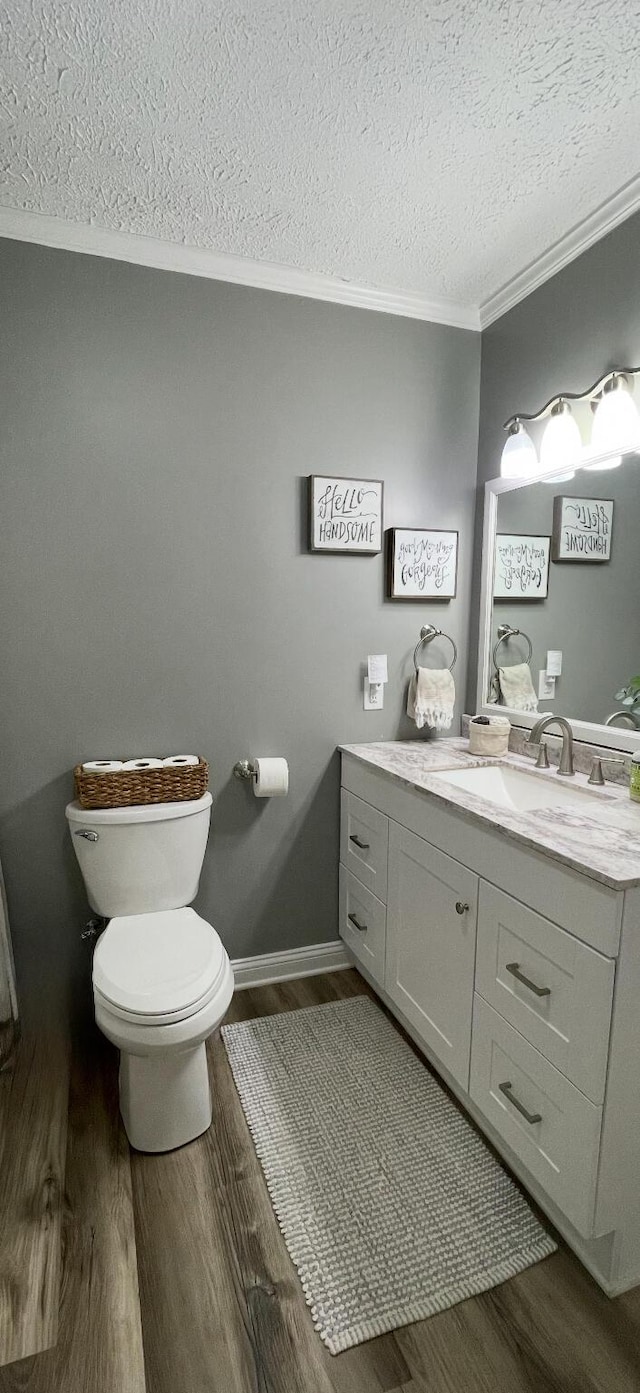 310 Yorktown Dr, Paris, KY 40361 - bathroom featuring a textured ceiling, ornamental molding, wood finished floors, vanity, and toilet