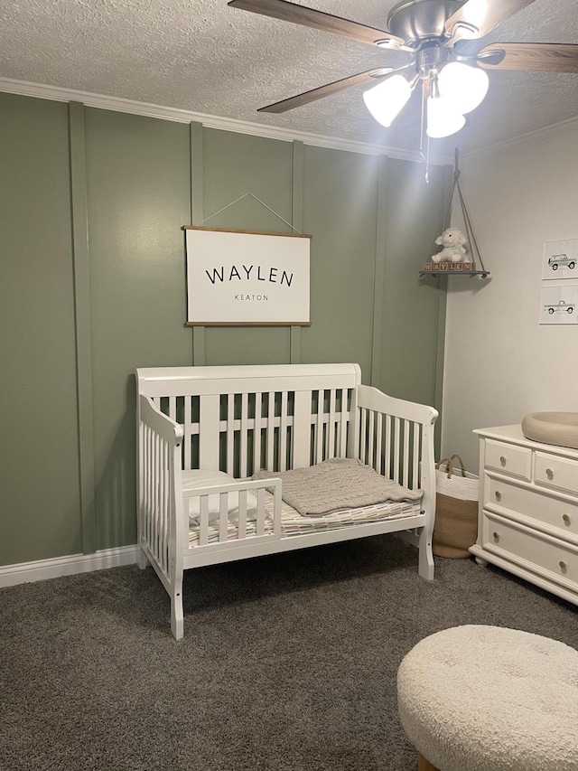 310 Yorktown Dr, Paris, KY 40361 - carpeted bedroom with a textured ceiling, a ceiling fan, a crib, and ornamental molding