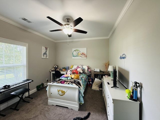 627 Fourwinds Dr, Richmond, KY 40475 - bedroom with crown molding, dark colored carpet, ceiling fan, and baseboards