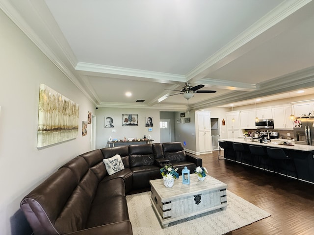 627 Fourwinds Dr, Richmond, KY 40475 - living area featuring dark wood finished floors, ornamental molding, ceiling fan, beamed ceiling, and recessed lighting