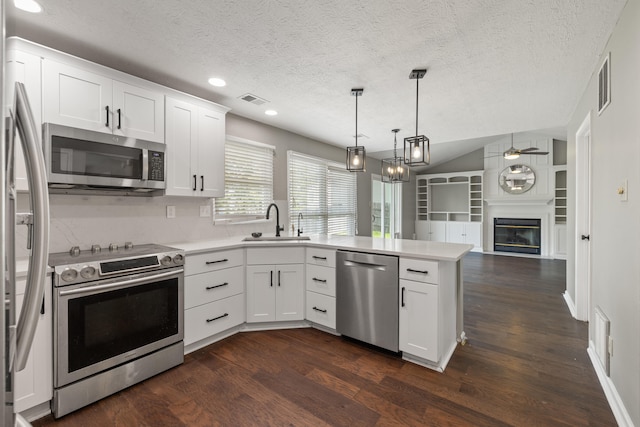 1109 Seville Ct, Lexington, KY 40515 - kitchen featuring stainless steel appliances, a sink, a peninsula, dark wood-style floors, and light countertops