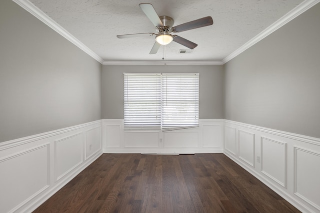 1109 Seville Ct, Lexington, KY 40515 - unfurnished room with dark wood-style floors, a ceiling fan, wainscoting, ornamental molding, and a textured ceiling