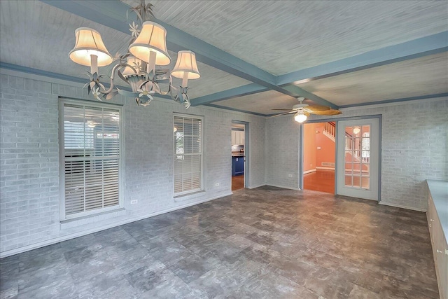3373 Malone Dr, Lexington, KY 40513 - unfurnished room with brick wall, beam ceiling, a chandelier, and a ceiling fan