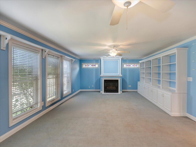 3373 Malone Dr, Lexington, KY 40513 - unfurnished living room with a fireplace, ceiling fan, baseboards, and light carpet