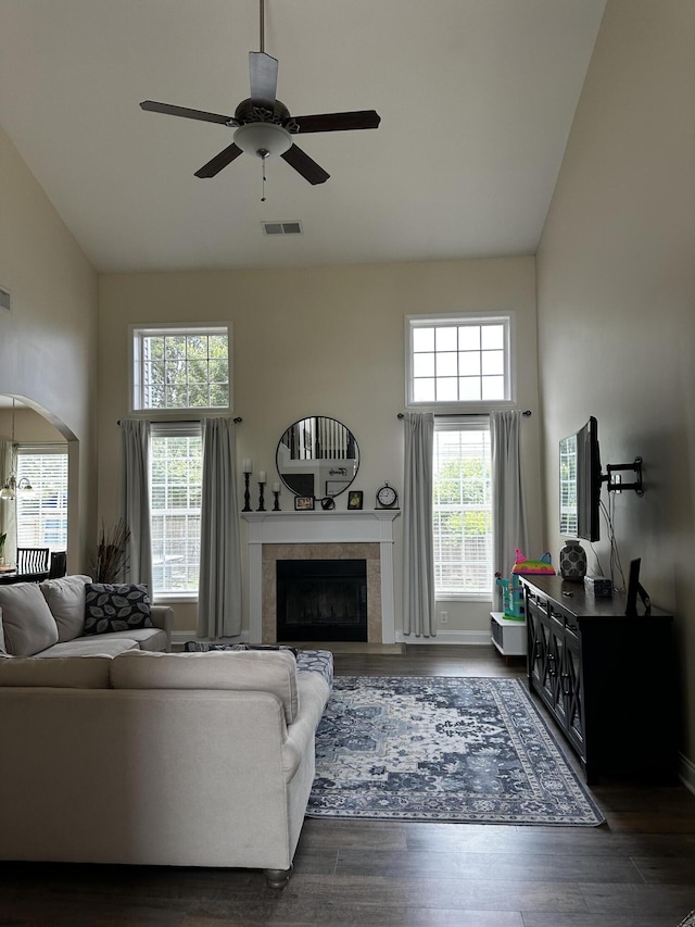 203 Whitman Way, Georgetown, KY 40324 - living room with high vaulted ceiling, a fireplace, healthy amount of natural light, ceiling fan, and wood finished floors