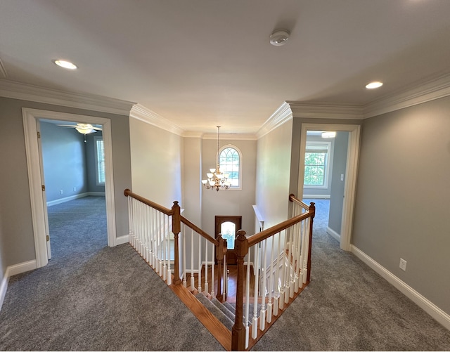 3217 Malone Dr, Lexington, KY 40513 - staircase featuring carpet flooring, a chandelier, baseboards, crown molding, and recessed lighting