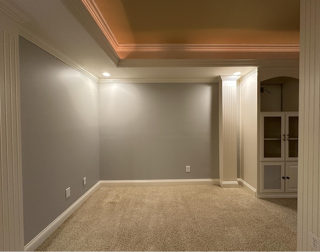 3217 Malone Dr, Lexington, KY 40513 - carpeted spare room with crown molding, baseboards, arched walkways, and a tray ceiling