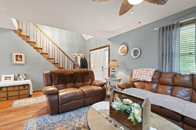 2003 Cresent Cir, Corbin, KY 40701 - living area with a ceiling fan, wood finished floors, and stairway