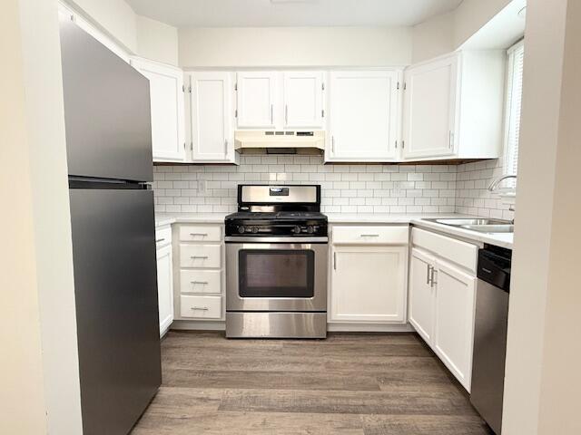 3501 Marsanne Ct, Lexington, KY 40515 - kitchen with stainless steel appliances, under cabinet range hood, a sink, light countertops, and wood finished floors