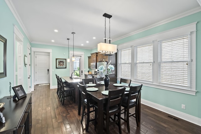 10910 Kings Crown Dr, Prospect, KY 40059 - dining space with baseboards, dark wood-type flooring, crown molding, and recessed lighting