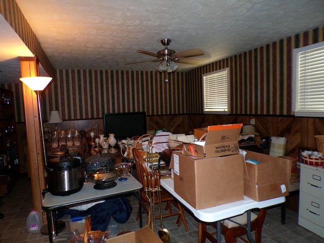 706 Allf Ln, London, KY 40741 - kitchen featuring wallpapered walls, a ceiling fan, tile patterned floors, and a textured ceiling
