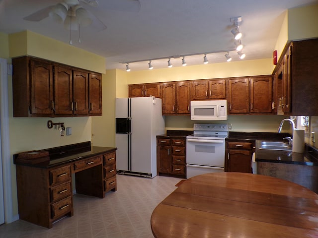 706 Allf Ln, London, KY 40741 - kitchen with white appliances, a sink, ceiling fan, dark countertops, and light flooring