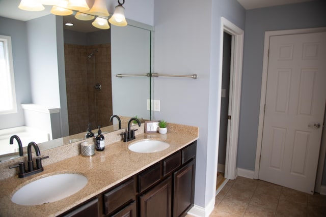 4745 Willman Way, Lexington, KY 40509 - full bath featuring double vanity, a tile shower, tile patterned floors, and baseboards