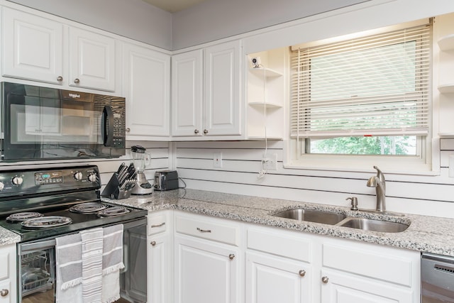 2812 Winter Park Dr, Lexington, KY 40517 - kitchen featuring black appliances, a sink, white cabinets, open shelves, and light stone counters
