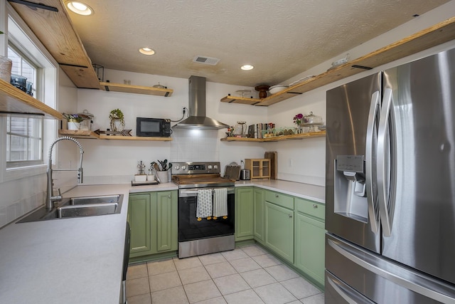 753 Woodhaven Pl, Lexington, KY 40514 - kitchen featuring green cabinets, appliances with stainless steel finishes, wall chimney range hood, open shelves, and recessed lighting