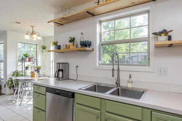 753 Woodhaven Pl, Lexington, KY 40514 - kitchen with green cabinets, stainless steel dishwasher, open shelves, and a textured ceiling
