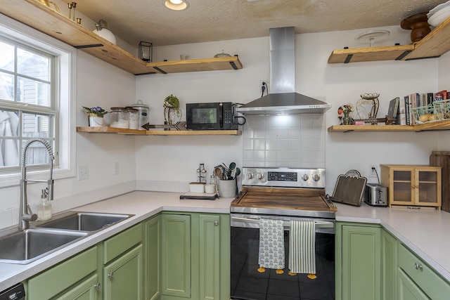 753 Woodhaven Pl, Lexington, KY 40514 - kitchen with open shelves, stainless steel electric stove, green cabinets, wall chimney range hood, and a textured ceiling