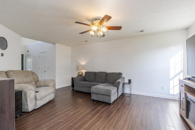 753 Woodhaven Pl, Lexington, KY 40514 - living room featuring a ceiling fan, baseboards, dark wood-type flooring, and a textured ceiling
