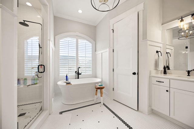4291 Captains Ct, Lexington, KY 40513 - bathroom featuring a shower stall, a chandelier, a freestanding tub, vanity, and crown molding