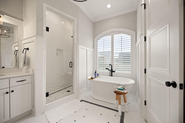 4291 Captains Ct, Lexington, KY 40513 - bathroom with a stall shower, vanity, a freestanding tub, crown molding, and wainscoting