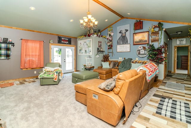 3900 Upper Sharpsburg, Carlisle, KY 40311 - living area featuring lofted ceiling, ornamental molding, a chandelier, baseboards, and carpet floors