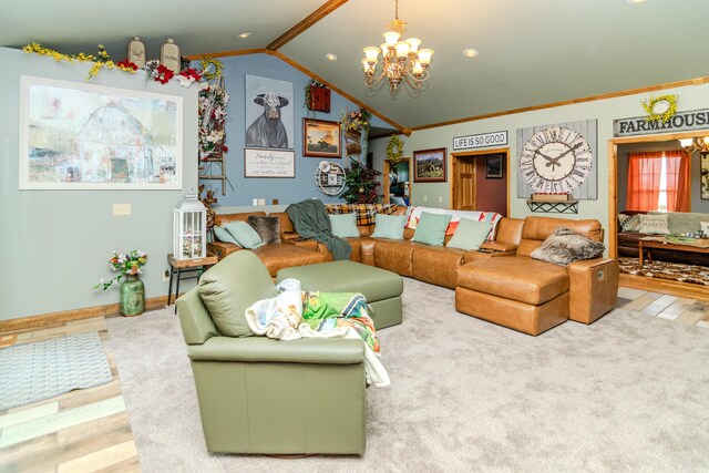 3900 Upper Sharpsburg, Carlisle, KY 40311 - living room with crown molding, a chandelier, lofted ceiling, and carpet flooring
