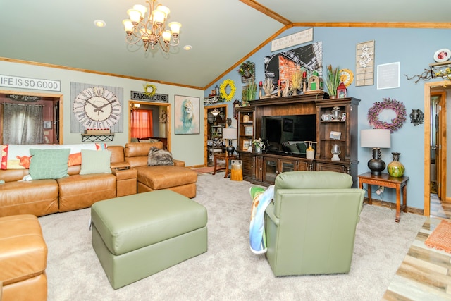 3900 Upper Sharpsburg, Carlisle, KY 40311 - living room featuring a chandelier, vaulted ceiling, wood finished floors, crown molding, and baseboards
