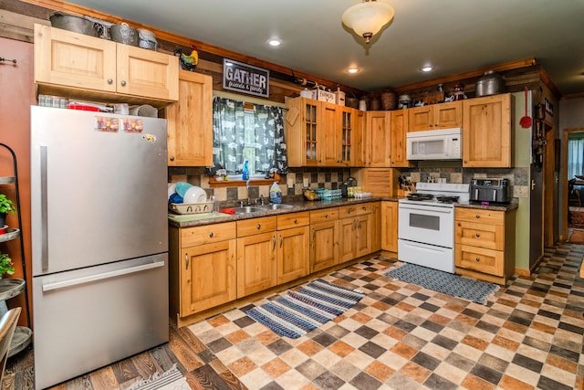 3900 Upper Sharpsburg, Carlisle, KY 40311 - kitchen featuring white appliances, a sink, decorative backsplash, glass insert cabinets, and recessed lighting