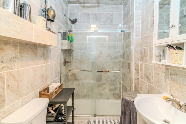 3900 Upper Sharpsburg, Carlisle, KY 40311 - bathroom with tile walls, a shower stall, toilet, and vanity