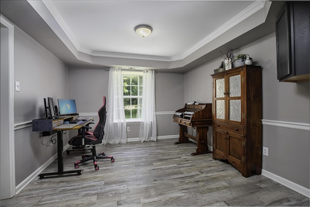 113 Bramble Ct, Nicholasville, KY 40356 - home office featuring wood finished floors, ornamental molding, a tray ceiling, and baseboards