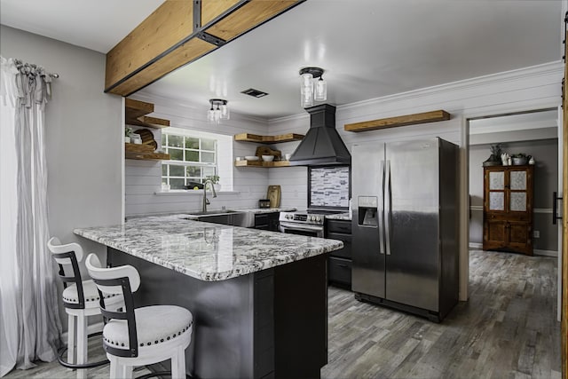 113 Bramble Ct, Nicholasville, KY 40356 - kitchen with open shelves, appliances with stainless steel finishes, custom exhaust hood, a peninsula, and light wood-style floors
