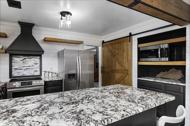 113 Bramble Ct, Nicholasville, KY 40356 - kitchen with stainless steel appliances, a barn door, light stone countertops, ornamental molding, and custom range hood