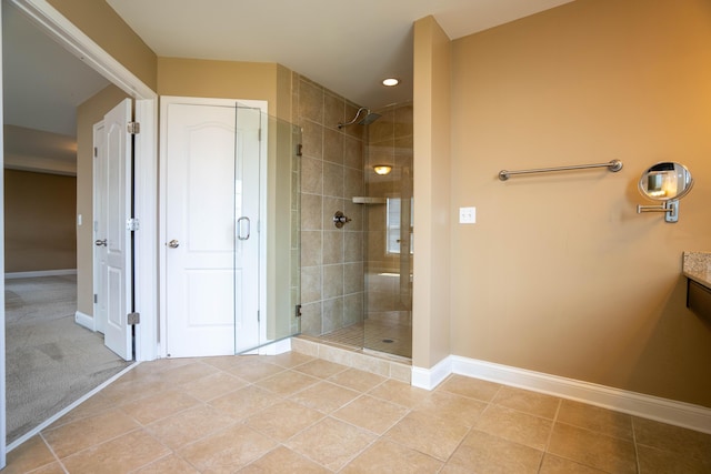 1805 Rachels Run, Lexington, KY 40509 - bathroom featuring a shower stall, baseboards, vanity, tile patterned floors, and recessed lighting