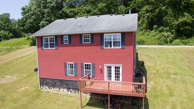 754 Countryside Cir, Mount Vernon, KY 40456 - rear view of house with a wooden deck, central AC unit, a yard, and a shingled roof