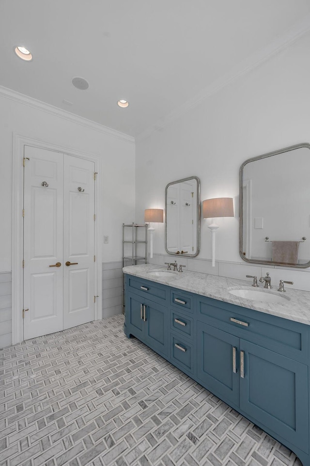 1617 Harmony Hall Ln, Lexington, KY 40502 - full bath with ornamental molding, double vanity, and recessed lighting