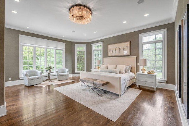 1617 Harmony Hall Ln, Lexington, KY 40502 - bedroom with dark wood-type flooring, baseboards, crown molding, recessed lighting, and a chandelier