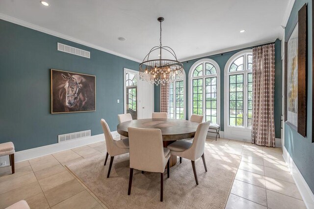1617 Harmony Hall Ln, Lexington, KY 40502 - dining area with a chandelier, ornamental molding, baseboards, light tile patterned floors, and recessed lighting