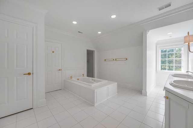 1617 Harmony Hall Ln, Lexington, KY 40502 - bathroom featuring ornamental molding, a bath, double vanity, tile patterned floors, and recessed lighting