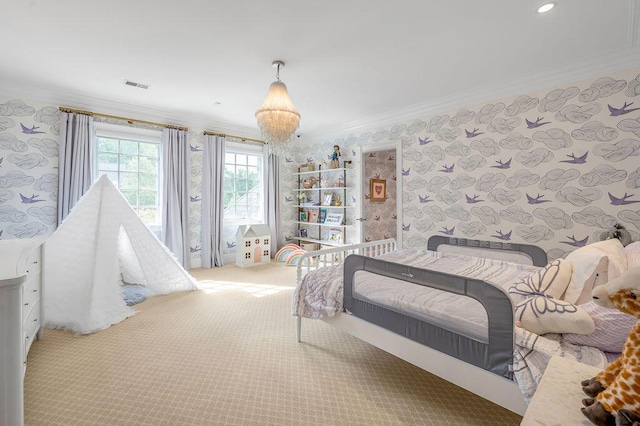 1617 Harmony Hall Ln, Lexington, KY 40502 - carpeted bedroom with ornamental molding and wallpapered walls