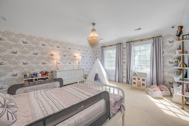 1617 Harmony Hall Ln, Lexington, KY 40502 - bedroom with wallpapered walls, crown molding, and carpet floors