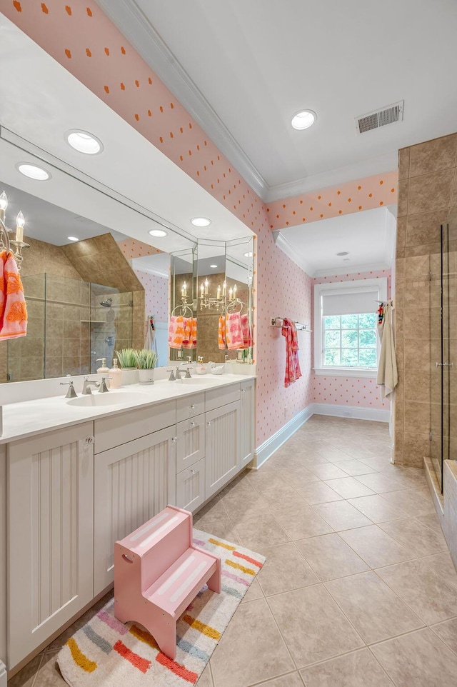 1617 Harmony Hall Ln, Lexington, KY 40502 - bathroom with wallpapered walls, ornamental molding, a stall shower, double vanity, and tile patterned flooring
