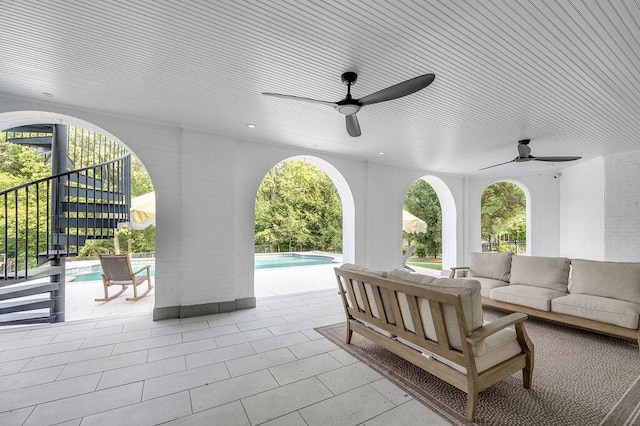 1617 Harmony Hall Ln, Lexington, KY 40502 - view of patio / terrace with an outdoor living space, a ceiling fan, and an outdoor pool