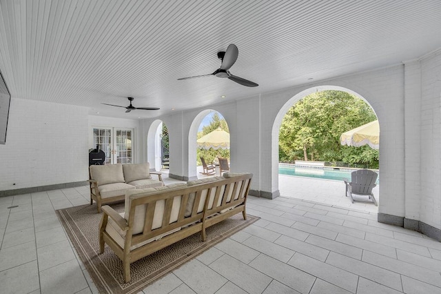 1617 Harmony Hall Ln, Lexington, KY 40502 - view of patio / terrace with ceiling fan, an outdoor living space, and an outdoor pool