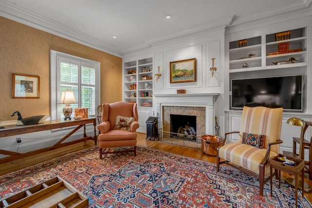 100 Idle Hour Dr Unit 8, Lexington, KY 40502 - living area featuring wood finished floors, crown molding, built in shelves, a high end fireplace, and recessed lighting