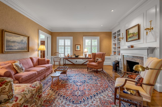 100 Idle Hour Dr Unit 8, Lexington, KY 40502 - living area featuring wood finished floors, a premium fireplace, crown molding, baseboards, and built in shelves