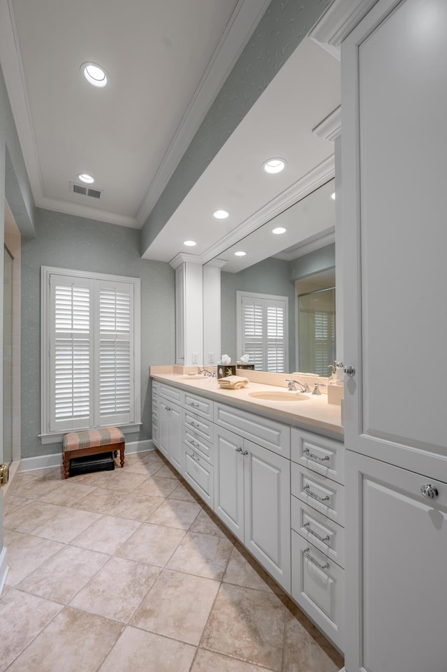 100 Idle Hour Dr Unit 8, Lexington, KY 40502 - full bath featuring crown molding, double vanity, recessed lighting, baseboards, and tile patterned floors