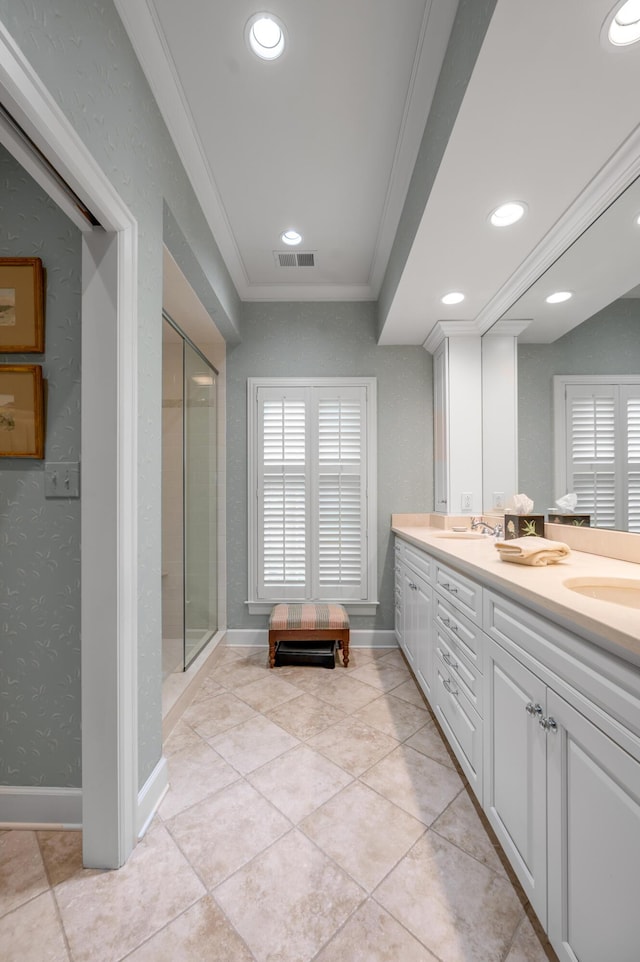 100 Idle Hour Dr Unit 8, Lexington, KY 40502 - full bathroom featuring ornamental molding, double vanity, a shower with door, tile patterned flooring, and baseboards